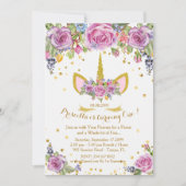 Invitation d'anniversaire, licorne, fleurs, blanc (Devant)