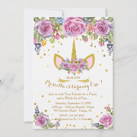 Invitation D Anniversaire Licorne Fleurs Blanc Zazzle Be