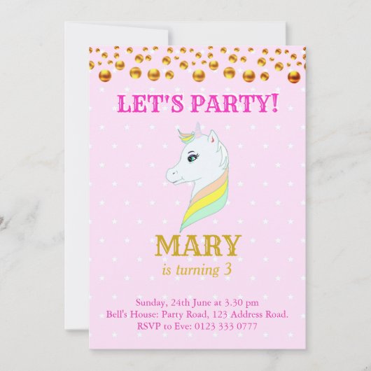 Invitation d'anniversaire licorne mignonne (Devant)