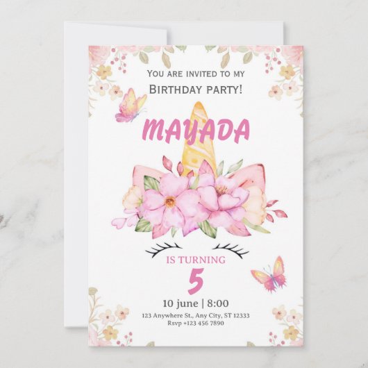 Invitation d'anniversaire Licorne pour Filles (Devant)