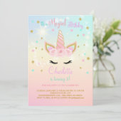 Invitation d'anniversaire licorne rose et sarcelle (Debout devant)