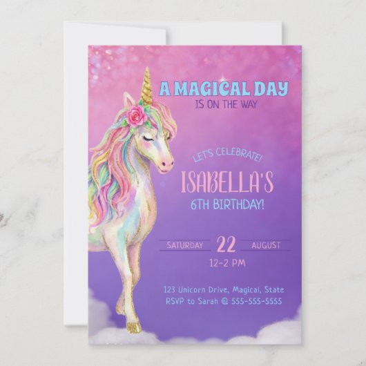 Invitation d'anniversaire licorne violette pour fi (Devant)