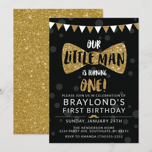 Invitation d'anniversaire Little Man, Noir & Or (Devant / Derrière)