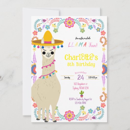 Invitation d'anniversaire Llama fun fiesta (Devant)