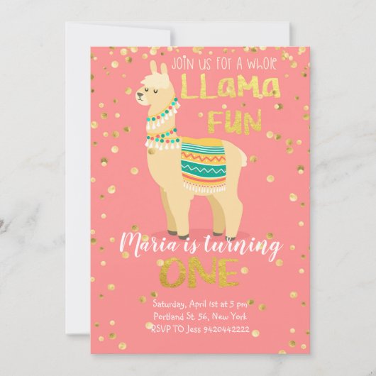 Invitation d'anniversaire Llama Fun Gold et rose (Devant)