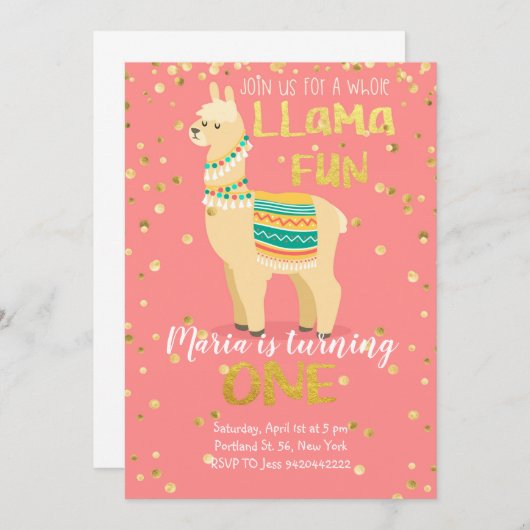 Invitation d'anniversaire Llama Fun Gold et rose (Devant / Derrière)
