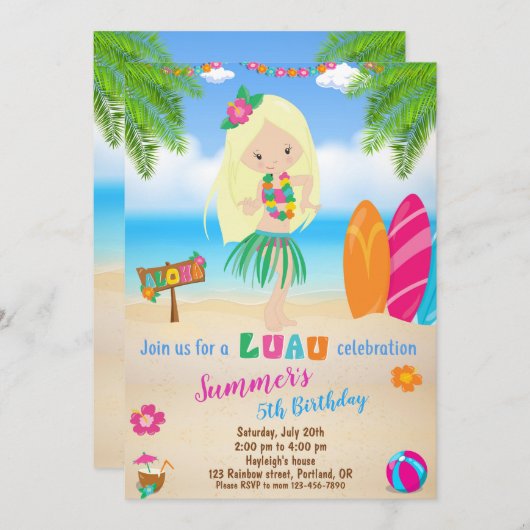 Invitation d'anniversaire Luau Hawaii invitation f (Devant / Derrière)