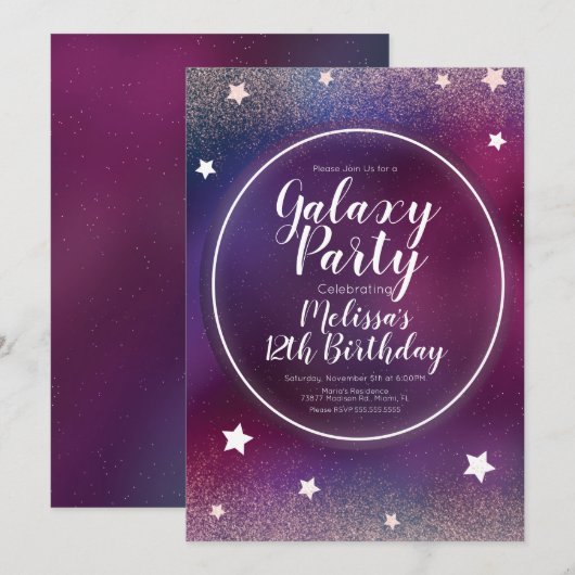 Invitation d'anniversaire Lune Pailletée Nébuleuse (Devant / Derrière)