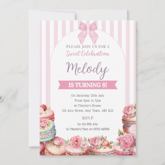 Invitation d'anniversaire Macaron Stripe Sweet Cel (Devant)