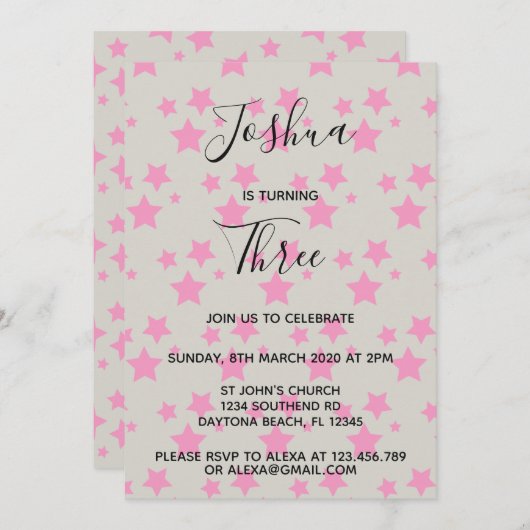 Invitation d'anniversaire Magic Star Grey Pink (Devant / Derrière)