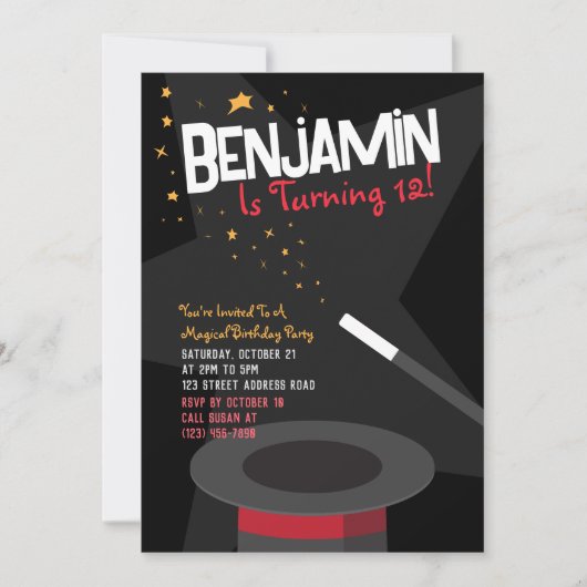 Invitation d'anniversaire magique - Baguette magiq (Devant)