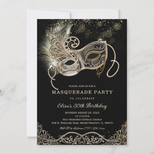 Invitation d'anniversaire Mascarade Or Noir (Devant)