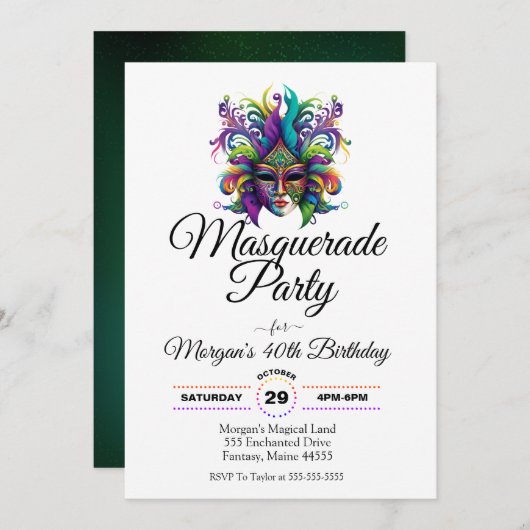 Invitation d'anniversaire Masquerade masque (Devant / Derrière)