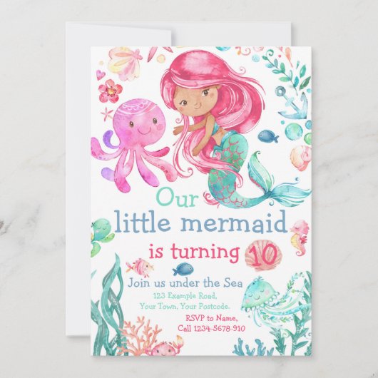 Invitation d'anniversaire Mermaid modifiable, Invi (Devant)