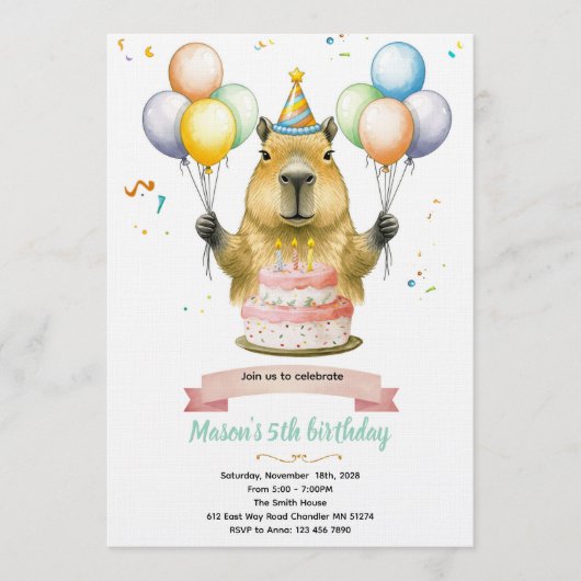 Invitation d'anniversaire mignonne de capybara (Devant)