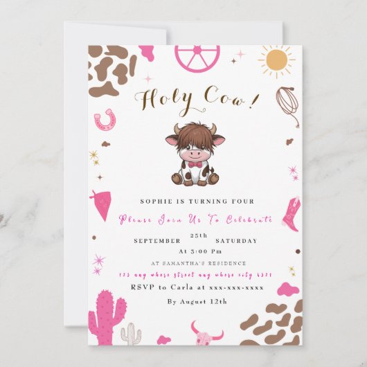 Invitation d'anniversaire mignonne vache highland (Devant)