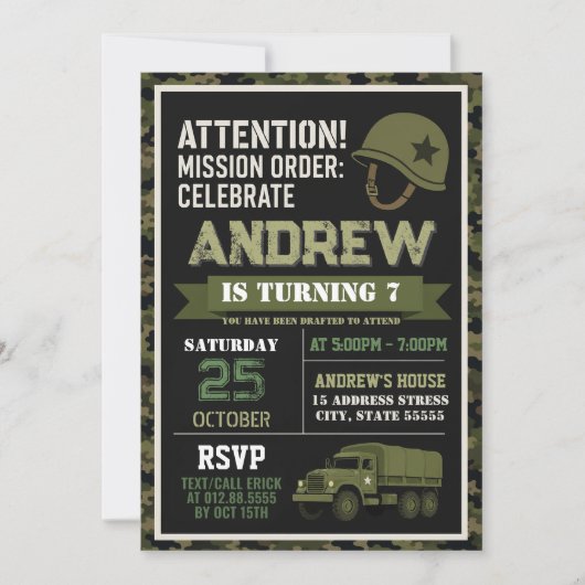 Invitation d'anniversaire militaire camouflage mod (Devant)