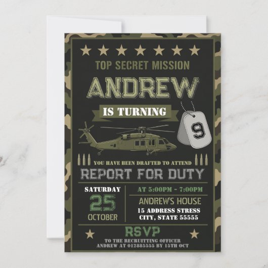 Invitation d'anniversaire militaire moderne person (Devant)