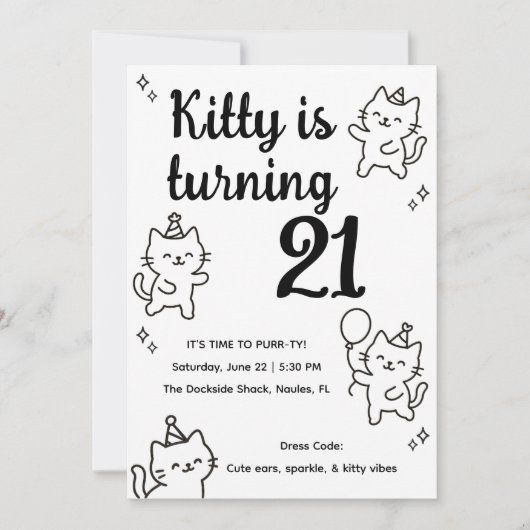 Invitation d'anniversaire minimale doodle de chat (Devant)