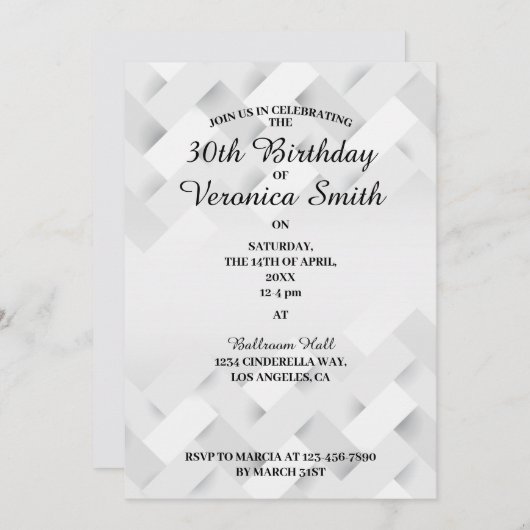 Invitation d'anniversaire minimale en noir et blan (Devant / Derrière)