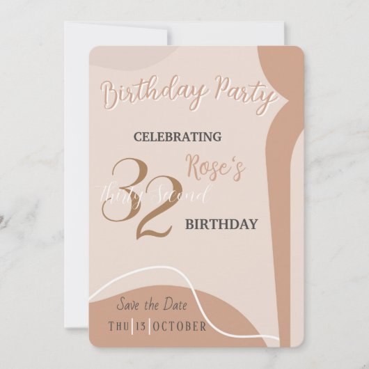 Invitation d'anniversaire minimaliste beige et élé (Devant)