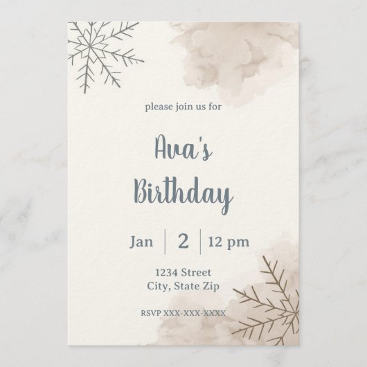 Invitation d'anniversaire minimaliste neutre d'hiv (Devant)