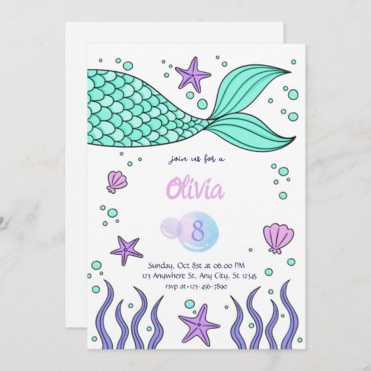 Invitation d'anniversaire modèle queue de sirène (Devant / Derrière)