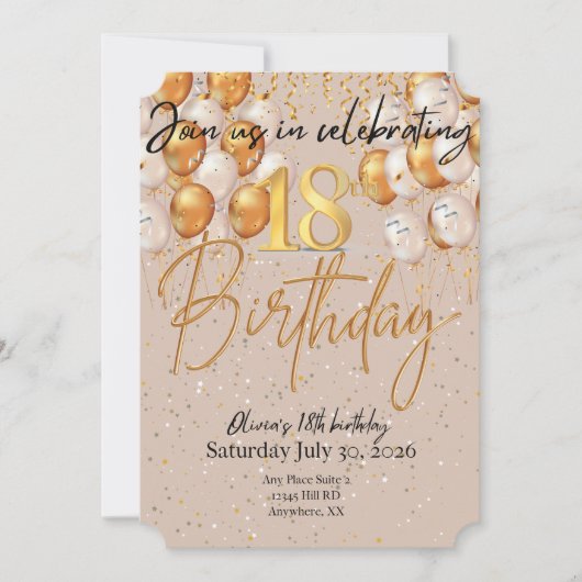 Invitation d'anniversaire moderne en beige et or (Devant)
