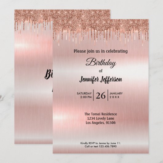 Invitation d'anniversaire moderne en or rose (Devant / Derrière)