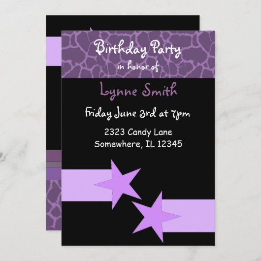 Invitation d'anniversaire moderne violet et noir (Devant / Derrière)
