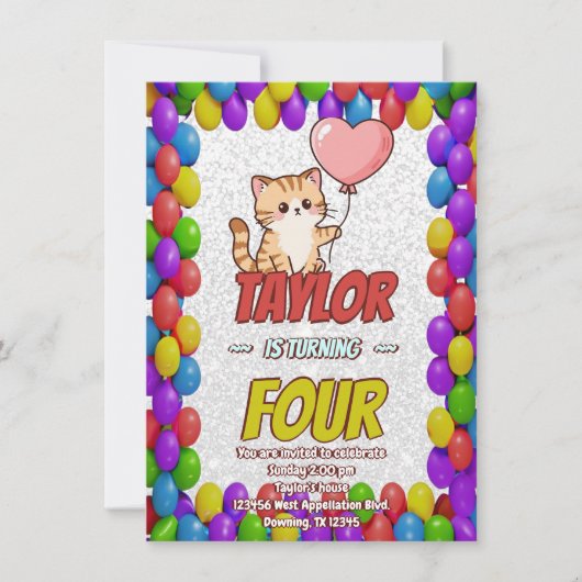 Invitation d'anniversaire modifiable à thème chat (Devant)