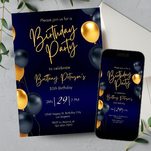 Invitation d'anniversaire modifiable en bleu et en
