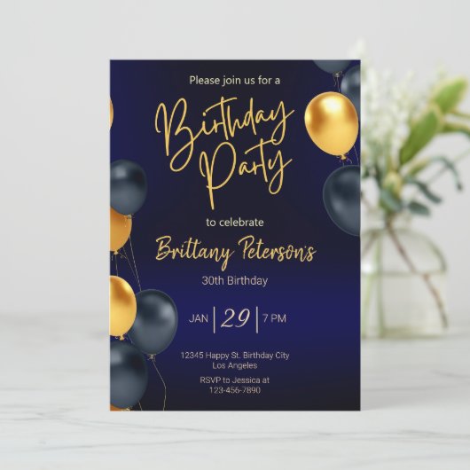 Invitation d'anniversaire modifiable en bleu et en (Debout devant)