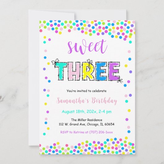Invitation d'anniversaire modifiable Fille 3 ans (Devant)