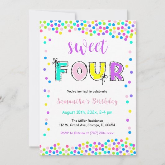 Invitation d'anniversaire modifiable fille 4 ans (Devant)