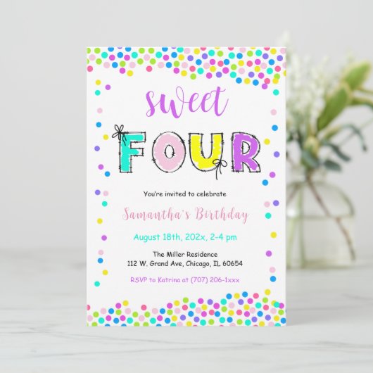 Invitation d'anniversaire modifiable fille 4 ans (Debout devant)