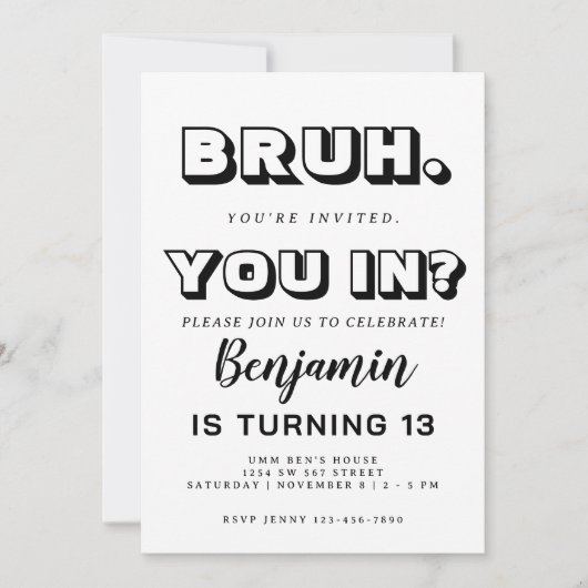 Invitation d'anniversaire monochromatique bruh (Devant)