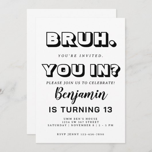 Invitation d'anniversaire monochromatique bruh (Devant / Derrière)