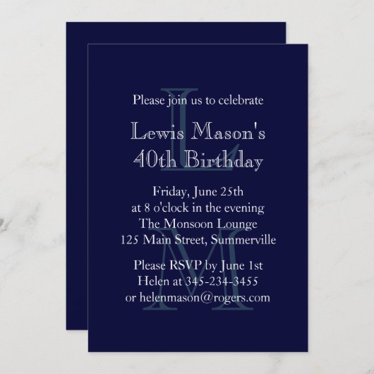 Invitation d'anniversaire monogramme moderne (mari (Devant / Derrière)