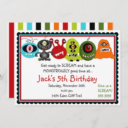 Invitation d'anniversaire Monsters (Devant / Derrière)