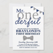 Invitation d'anniversaire Mr Onederful, Bleu & Arg (Devant)