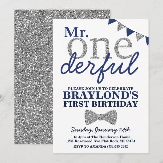 Invitation d'anniversaire Mr Onederful, Bleu & Arg (Devant / Derrière)