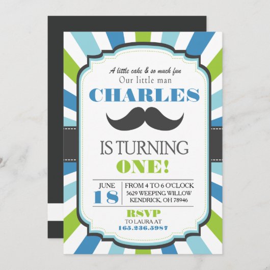 Invitation d'anniversaire Mustache Bash Blue (Devant / Derrière)