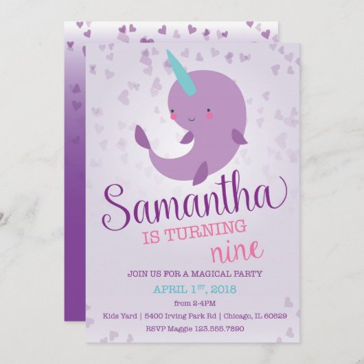 Invitation d'anniversaire Narwhal (Devant / Derrière)