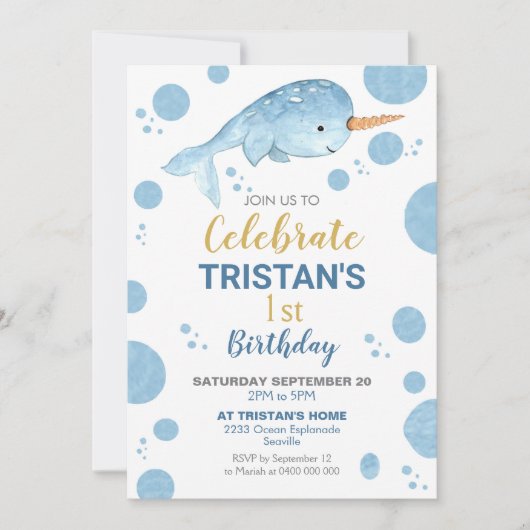 Invitation d'anniversaire Narwhal Garçon 1er anniv (Devant)