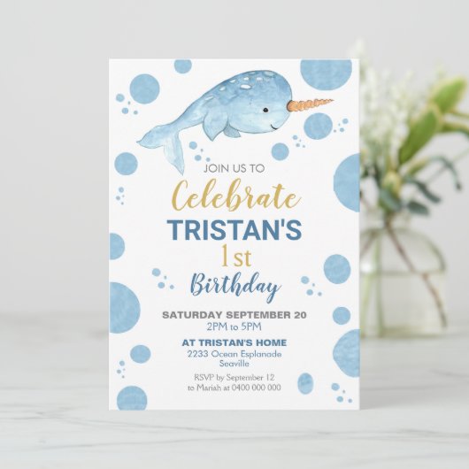 Invitation d'anniversaire Narwhal Garçon 1er anniv (Debout devant)