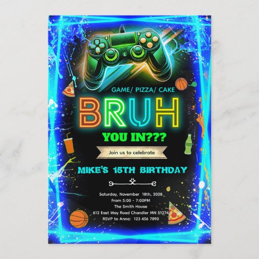 Invitation d'anniversaire néon Bruh (Devant)