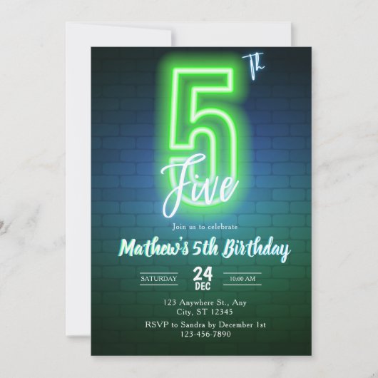 Invitation d'anniversaire néon cinquième (Devant)