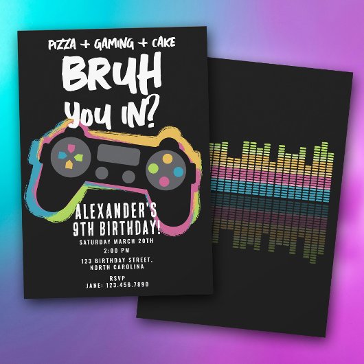 Invitation d'anniversaire néon de jeu pour adolesc