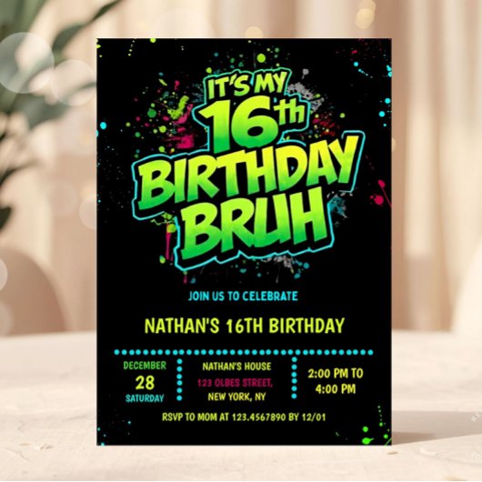 Invitation d'anniversaire néon graffiti pour garço